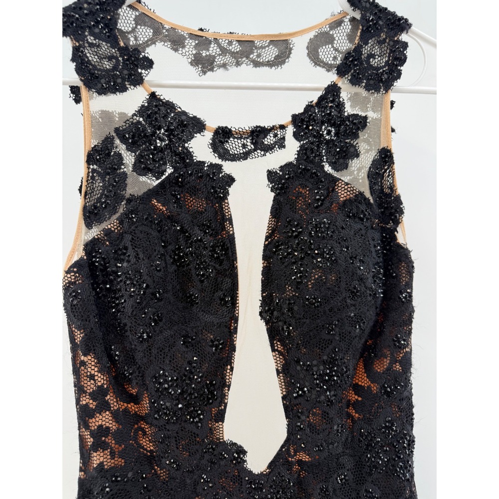 Jovani formal homecoming mini dress illusion plunging neck 8 black lace sequin